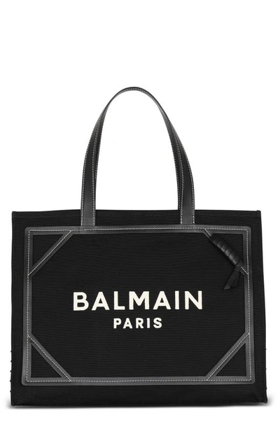 Balmain Logo Printed Tote Bag In Ivory/black/gold