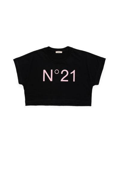N°21 Kids' Logo Print Cropped Cotton Jersey T-shirt In Black