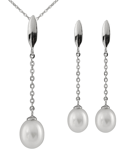 Splendid Pearls Rhodium Plated 7-9mm Pearl & Cz Necklace & Earrings Set