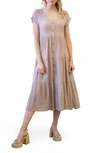 Blu Pepper Short Sleeve Faux Button Midi Dress In Taupe