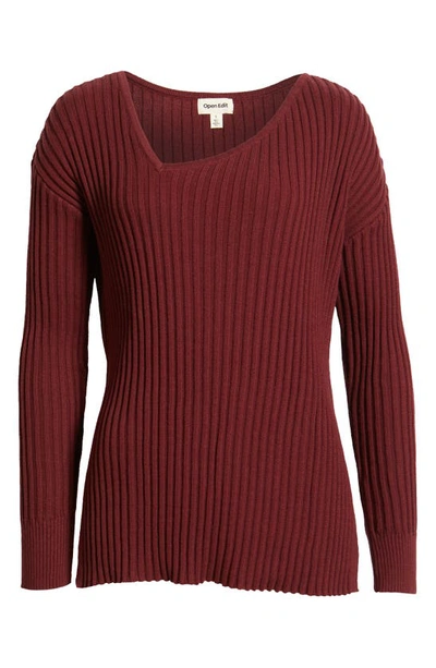 Open Edit Asymmetric V-neck Tunic Sweater In Burgundy Tannin