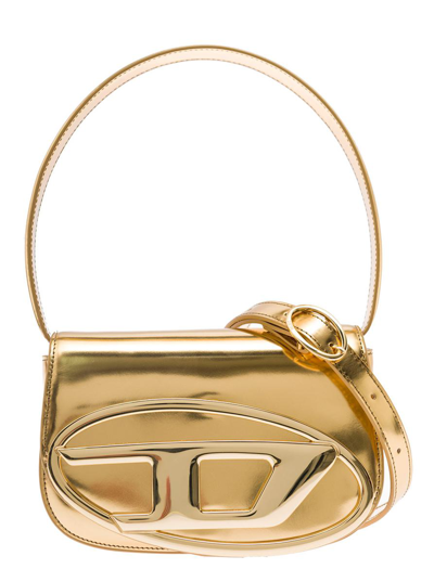 Diesel 1dr Gold-colored Handbag With Electroplated Oval D Plaque In Glossy Mirrored-leather Woman In Metallic