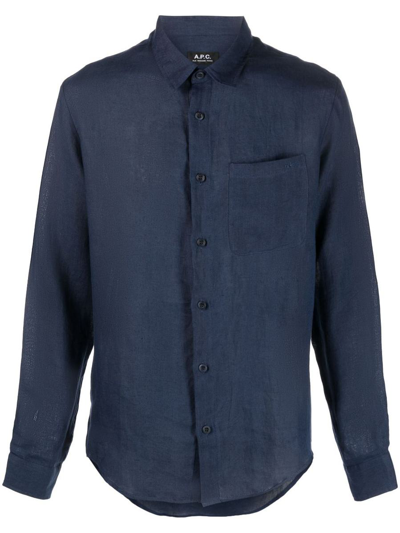 Apc Long-sleeved Linen Shirt In Blue