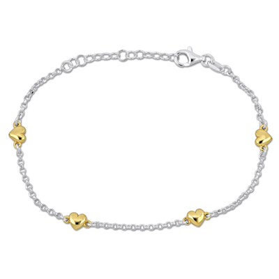 Amour Heart Charm Station Bracelet In Two-tone White And Yellow Plated Sterling Silver