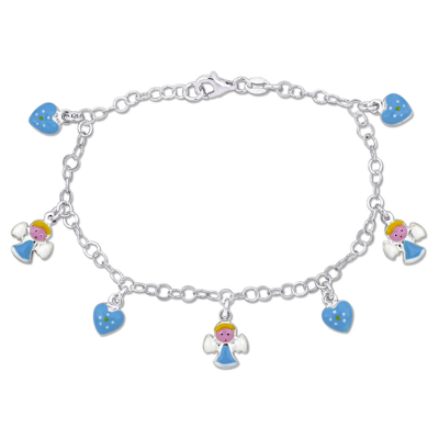 Amour Blue Enamel Heart And Angel Charm Bracelet In Sterling Silver In White