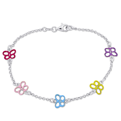 Amour Multi-color Butterfly Enamel Charm Bracelet In Sterling Silver In White