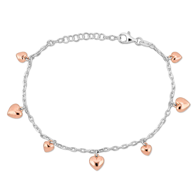 Amour Heart Charm Station Bracelet In White And Pink Plated Sterling Silver In Two-tone