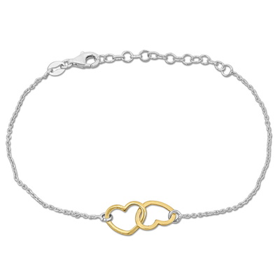 Amour Double Heart Charm Chain Bracelet In Two-tone White And Yellow Plated Sterling Silver