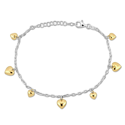 Amour Heart Charm Station Bracelet In White And Yellow Plated Sterling Silver In Two-tone