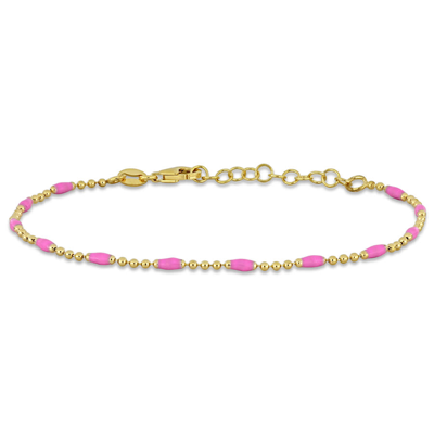 Amour Pink Enamel Station Ball Link Bracelet In Yellow Plated Sterling Silver