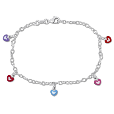 Amour Multi-color Heart Enamel Charm Bracelet In Sterling Silver In White