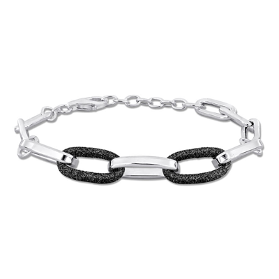 Amour Black Enamel Oval Link Bracelet In Sterling Silver In White