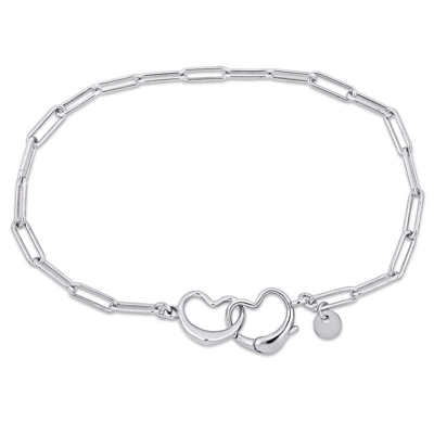Amour Paper Clip Link Bracelet In Sterling Silver With Double Heart Clasp In White