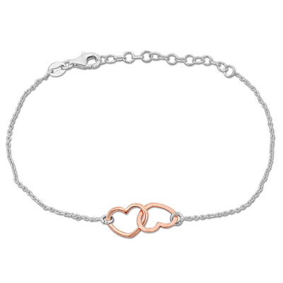 Amour Double Heart Charm Chain Bracelet In Two-tone White And Rose Plated Sterling Silver