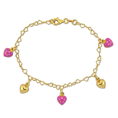 Amour Pink Enamel Heart Charm Bracelet In Yellow Plated Sterling Silver