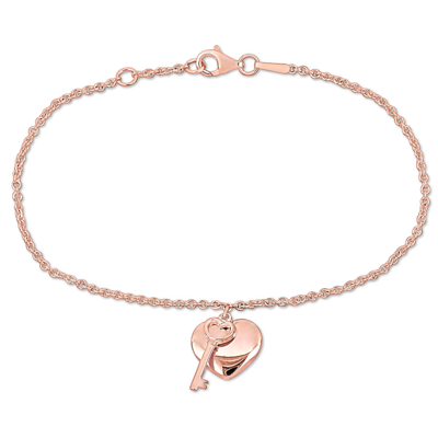 Amour Heart & Key Charm Bracelet With Lobster Clasp In Pink Plated Sterling Silver
