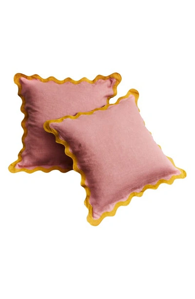 Bed Threads French Flax Linen Scalloped European Pillowcases - Set Of 2 In Pink Clay Turmeric