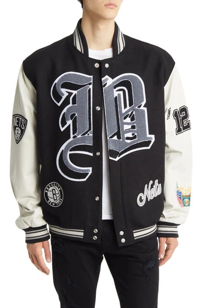 Jeff Hamilton Brooklyn Nets Block Letter Wool Blend Varsity Jacket In Black White