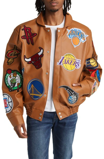 Jeff Hamilton X Nba Collage Vegan Leather Jacket In Camel