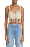 Rabanne Fringe-detailed Crochet Cotton Cropped Top In Shiny Beige