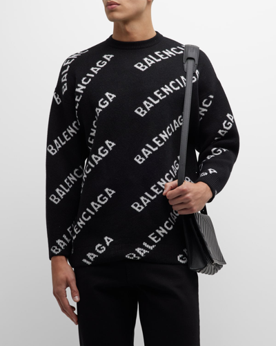 Balenciaga 周身logo印花羊毛针织毛衣 In Black