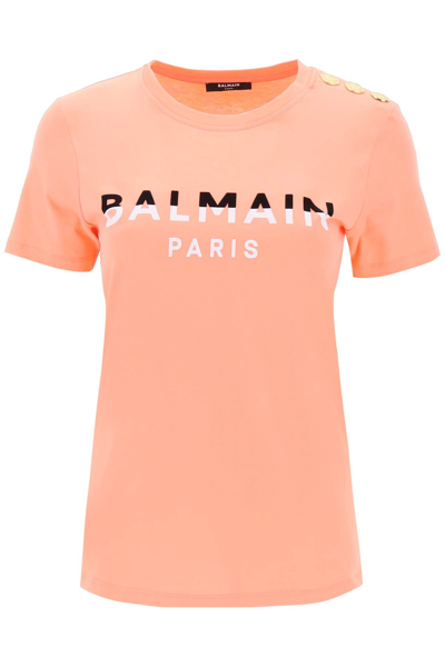 Balmain T-shirt With Flocked Print And Gold-tone Buttons In Pink