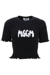 MSGM SMOCKED T-SHIRT WITH LOGO PRINT