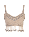 Rabanne Beige Crochet Top With Pearls In Marrone