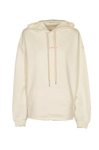 Marni Logo Printed Drawstring Hoodie In Natural White