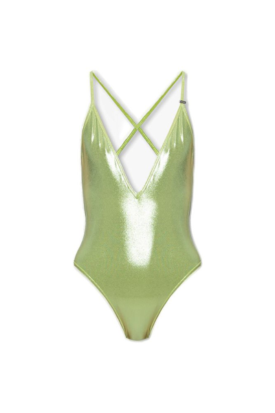 Attico Metallic-sheen V-neck Swimsuit In Grün