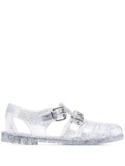 Moschino Logo Giltter Jelly Caged-strap Sandals In Grey