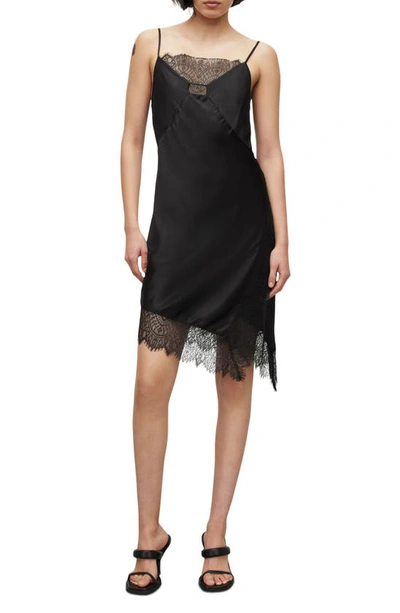 Allsaints Womens Black Eldia Lace-trim Asymmetric-hem Silk-blend Mini Dress