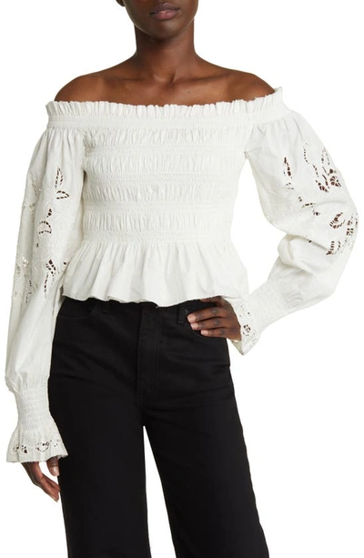 ALLSAINTS LARA SMOCKED EYELET EMBROIDERED OFF THE SHOULDER TOP