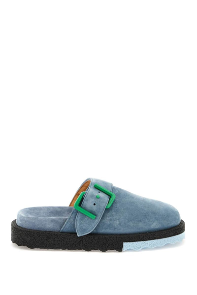 Off-white Suede Leather Sponge Clogs In Light Blue