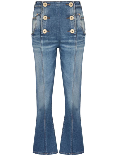 Balmain Gold-buttoned High-rise Flared Jeans In Blue