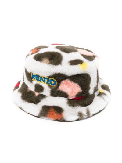 Kenzo Kids' Logo-patch Leopard-print Bucket Hat In White