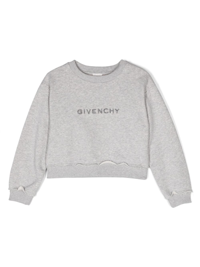 Givenchy Kids' Logo-embroidered Cropped Sweatshirt In Grey Marl