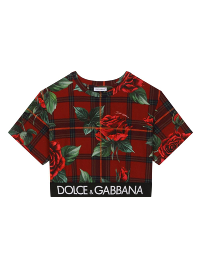 Dolce & Gabbana Kids' Rose Tartan Print T-shirt In Red