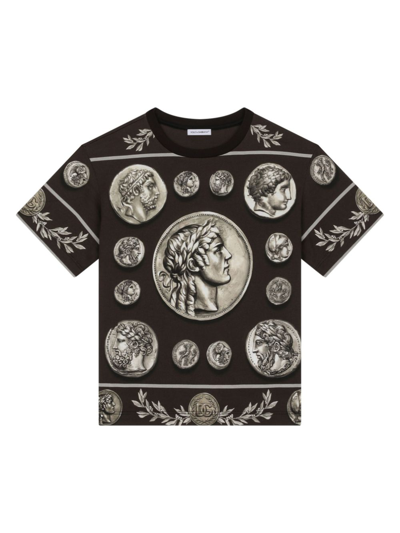 Dolce & Gabbana Kids' Coin-print Cotton T-shirt In Brown