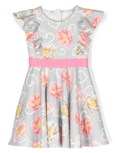 Monnalisa Kids' Logo-waistband Dress In 0032 Grey Multicolor