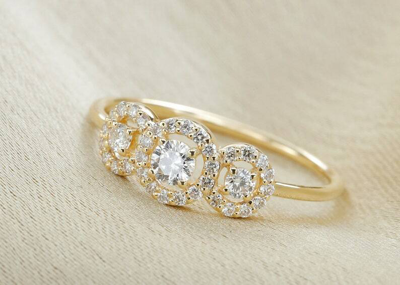 Pre-owned Handmade Three Stone Halo Setting Round Diamond Engagement Ring In 14k Yellow Gold / In White