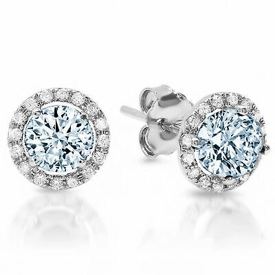 Pre-owned Pucci 1.6 Round Cut Halo Classic Designer Stud Sky Blue Topaz Earrings 14kwhite Gold