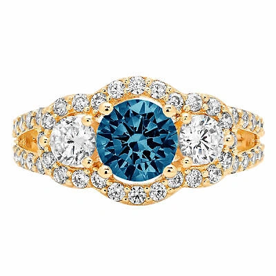 Pre-owned Pucci 2 Round 3stone Halo Royal Blue Topaz Promise Bridal Wedding Ring 14k Yellow Gold In D