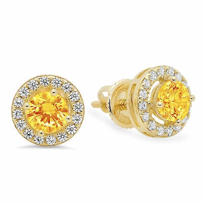 Pre-owned Pucci 1.6ct Round Halo Classic Designer Stud Natural Citrine Earrings 14k Yellow Gold