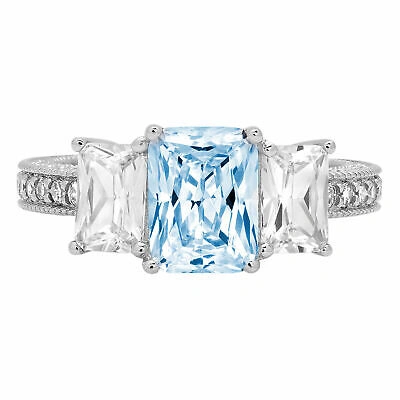 Pre-owned Pucci 4.26ct Emerald Sky Blue Topaz Gem 18k White Gold 3 Stone Wedding Bridal Ring In D