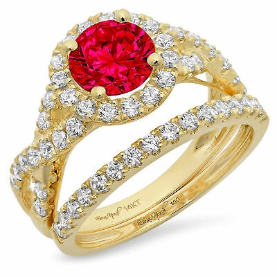Pre-owned Pucci 2.4ct Round Simulated Ruby 18k Yellow Gold Halo Wedding Bridal Ring Band Set In Red