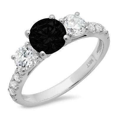 Pre-owned Pucci 2ct Round Cut Onyx Real 18k White Gold 3 Stone Statement Wedding Bridal Ring In D