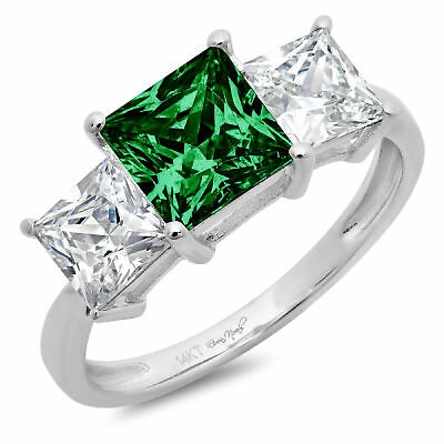 Pre-owned Pucci 3ct Princess Simulated Emerald 18k White Gold 3 Statement Wedding Bridal Ring In Green