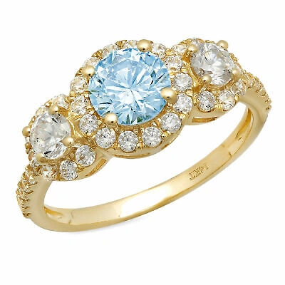 Pre-owned Pucci 1.75 Ct Round Halo 3 Stone Sky Blue Topaz Promise Wedding Ring 14k Yellow Gold In D