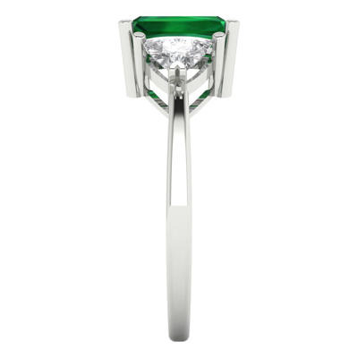 Pre-owned Pucci 3 Emerald Trillion 3stone Lab Created Emerald Classic Ring Solid 14k White Gold In Green